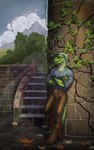 anthro belt claws clothing green_body green_skin greenery hair leaf leaning_on_wall male plant scales shirt solo stairs topwear tree wall_(structure) ponynok lizard reptile scalie absurd_res digital_media_(artwork) digital_painting_(artwork) hi_res