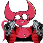 2020 2_horns big_horn black_clothing black_topwear breasts choker cleavage clothed clothing crackers_(qwerty_soda) demon digital_drawing_(artwork) digital_media_(artwork) dual_wielding eyelashes female first_person_view gun handgun heart_(marking) hi_res holding_gun holding_handgun holding_object holding_ranged_weapon holding_weapon horn humor jewelry looking_aside markings meme necklace not_furry photography_(artwork) pointing_gun_at_viewer qwerty_soda ranged_weapon red_body red_face red_horn red_skin red_tail simple_background smile solo tail topwear weapon white_background