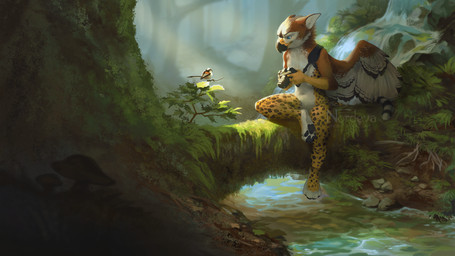 anthro beak biped blue_eyes brown_body brown_fur camera creek detailed_background feathered_wings feathers forest fur holding_object male navel nude pawpads paws plant sitting solo spots tree water white_body white_feathers white_fur wings nordeva mythology fynath avian bird gryphon mythological_avian mythological_creature 16:9 2018 digital_media_(artwork) hi_res widescreen