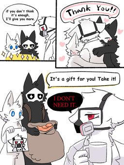 anthro backpack black_body black_fur blue_eyes blush clothed clothing coat coffee_mug dialogue fur gas_mask group heart_symbol lab_coat male mask red_eyes simple_background text topwear white_body white_fur fchicken changed_(video_game) dr._k_(changed) lin_(changed) puro_(changed) canid canine canis dark_latex mammal wolf 2019 3:4 english_text