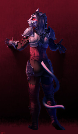5_fingers abstract_background anthro armor braided_hair butt clothed clothing ear_piercing female fingers fur hair jewelry leather leather_armor looking_at_viewer looking_back piercing red_background red_eyes simple_background solo teeth white_body white_fur conditional_dnp ratte microsoft the_elder_scrolls the_elder_scrolls_online dra'ni felid khajiit mammal vampire 2023 absurd_res hi_res
