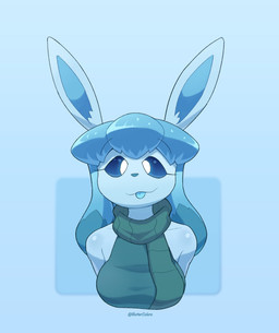 anthro blep blue_background blue_body blue_fur blue_hair blue_sclera blue_tongue breasts clothed clothing exposed_shoulder eyelashes female fur hair looking_at_viewer mouth_closed pupils scarf simple_background sleeveless_shirt smile solo text tongue tongue_out topwear white_pupils buttercolors nintendo pokemon eeveelution generation_4_pokemon glaceon mammal pokemon_(species) 2025 artist_name bust_portrait digital_media_(artwork) hi_res portrait shaded