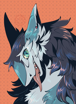 abstract_background ambiguous_gender ear_piercing fur long_neck looking_at_viewer open_mouth open_smile piercing smile solo teeth tongue tongue_out conditional_dnp jingo824 sergal hi_res