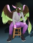 anthro belt biped black_background bottomwear clean_diaper clothed clothing diaper diaper_under_clothing eyewear feathers footwear fully_clothed fur furniture glasses hair horn looking_at_viewer male pants shirt shoes simple_background sitting solo stool tail topwear wearing_diaper wings hindy-poo mythology twixxel_minty angel_dragon dragon mythological_creature mythological_scalie scalie hi_res signature source_request