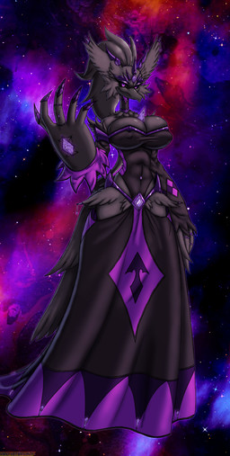 anthro beak belly_gem big_breasts black_body black_feathers black_sclera breasts choker clothing cosmic_background digit_ring dress feathers female gem horn jewelry looking_at_viewer necklace non-mammal_breasts purple_eyes sky small_waist solo star starry_background starry_sky wide_hips viroveteruscy if_hell_had_a_taste thalia_moonbath anatid angel anseriform anserine avian bird seraph_(angel) swan 2025 absurd_res digital_media_(artwork) hi_res