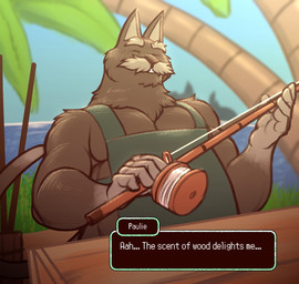 anthro beach brown_body brown_fur bushy_mustache eyes_closed facial_hair fishing_rod fur gloves_(marking) male markings musclegut muscular muscular_arms muscular_male mustache palm_tree pecs plant sea solo text text_box tree water white_body white_fur daxhush fish!_(game) paulie_(fish!) domestic_cat felid feline felis mammal english_text