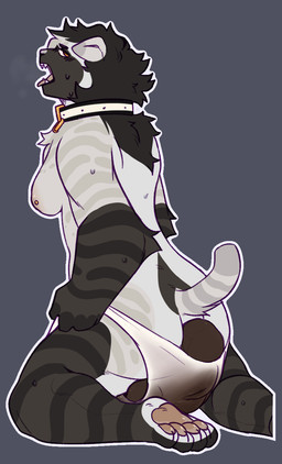 anthro black_body black_fur black_hair bodily_fluids breasts breath brown_eyes butt claws clothed clothing collar feces female fur gloves_(marking) grey_background grey_body grey_fur hair leg_markings looking_back markings nipple_piercing nipples open_mouth outline panting pawpads piercing pooping raised_tail rear_view scatplay simple_background socks_(marking) soiling soiling_underwear solo sweat tail teeth toe_claws tongue tongue_out topless underwear white_outline thatcreamcat oreo_(thatcreamcat) domestic_cat felid feline felis mammal hi_res