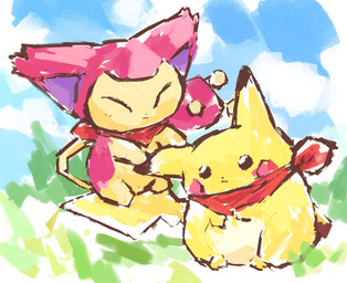 ambiguous_feral ambiguous_gender biped cheek_spots day duo eyes_always_closed eyes_closed feral grass kerchief kerchief_only mostly_nude neckerchief neckerchief_only neckwear on_hind_legs outside painterly pink_body plant purple_inner_ear quadruped red_kerchief red_neckerchief sitting sitting_on_another sky tail tan_body yellow_body petday nintendo pokemon pokemon_mystery_dungeon spike_chunsoft generation_1_pokemon generation_3_pokemon pikachu pokemon_(species) skitty 2024 hi_res