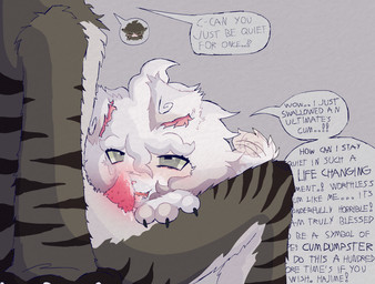 after_oral ahoge animal_genitalia animal_penis annoyed anthro aroused black_claws blush bodily_fluids brown_body brown_fur brown_hair claws curled_tail curly_hair dialogue duo enthusiastic fangs feline_genitalia feline_penis fellatio fellatio_gesture floppy_ears folded_ears fur genital_fluids genitals gesture grey_eyes hair inner_ear_fluff male male/male markings open_mouth oral penile penile_spines penis pink_ear_fluff pink_nose pink_tongue precum precum_on_face precum_on_self self_degradation sex spiked_penis spikes spikes_(anatomy) striped_body striped_fur striped_markings stripes suggestive suggestive_gesture sweat sweatdrop swirl_pattern tail tail_motion tailwag teeth text tongue tuft white_body white_fur white_hair kidneykrush danganronpa danganronpa_2 spike_chunsoft hajime_hinata nagito_komaeda canid canine felid feline mammal 2026 absurd_res cel_shading colored_line_art digital_drawing_(artwork) digital_media_(artwork) english_text hi_res shaded