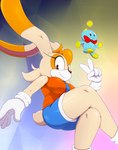 abstract_background aged_up anthro big_ears bigdon1992 bottomwear bow_tie breasts brown_body brown_eyes brown_fur brown_nose chao_(sonic) cheek_tuft cheese_the_chao clothing countershade_face countershading cream_the_rabbit crossed_legs digital_media_(artwork) dipstick_ears duo ear_markings eyelashes facial_tuft female floating floppy_ears footwear fur gesture gloves hair hand_gesture handwear hi_res hotpants lagomorph leporid long_ears looking_at_viewer low-angle_view male mammal multicolored_ears necktie orange_hair pink_inner_ear pose rabbit scut_tail sega shirt short_hair short_tail shorts smile sonic_the_hedgehog_(series) tail tan_body tank_top thick_thighs topwear tuft v_sign white_body white_countershading