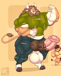 alternate_species anthro balls bell bell_collar biceps big_balls big_muscles big_penis bodily_fluids bottomwear brown_hair clothing collar collar_only curved_horn duo erection flared_penis flexing flexing_bicep genitals gesture hair hand_gesture hooves horn huge_balls huge_muscles huge_penis knot lactating lactating_through_clothing male male_lactation medial_ring mottled mottled_body mottled_genitalia mottled_penis mottled_skin muscle_tone muscular muscular_anthro muscular_male nude pecs penis shirt shorts size_difference t-shirt tail tail_tuft thumbs_up topwear tuft wet wet_clothing wide_eyed hotdogsauau brutus_(hotdogsauau) bovid bovine cattle mammal 4:5 hi_res