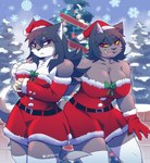 anthro big_breasts breasts christmas_clothing christmas_headwear christmas_tree clothing crossgender dress duo female hair hat headgear headwear holidays legwear medium_breasts mtf_crossgender plant santa_hat skeleton_hand smile snow tail thick_thighs thigh_highs tree wide_hips catkitte christmas bonehand_(catkitte) ugly_cat_(catkitte) domestic_cat felid feline felis mammal 2024 digital_drawing_(artwork) digital_media_(artwork) hi_res signature