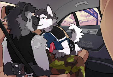 animal_genitalia animal_penis anthro anthro_on_anthro arm_tuft barefoot bdsm blush blush_lines bondage bottomwear bound camo camo_bottomwear camo_clothing camo_pants camo_print canine_genitalia canine_penis car claws clothed clothed_anthro clothed_male clothing cloud duo elbow_tuft erection eyebrows feet finger_claws fingerless_(marking) fingerpads foreplay fully_clothed fully_clothed_anthro fully_clothed_male fur fur_tuft genitals hair hands_behind_back hands_tied hands_tied_behind_back humanoid_hands imminent_sex inside_car inside_vehicle kneeling leaning leaning_backward looking_down male male/male male_anthro mane mane_hair monotone_clothing monotone_shirt monotone_tank_top monotone_topwear multicolored_body multicolored_clothing multicolored_fur multicolored_pants multicolored_shirt multicolored_t-shirt multicolored_topwear open_bottomwear open_clothing open_pants pants pattern_bottomwear pattern_clothing pattern_pants pawpads penis romantic romantic_couple seat_belt shirt shorts sitting sky smile t-shirt tail tank_top topwear tuft vehicle yeenngoat canid canine mammal hi_res