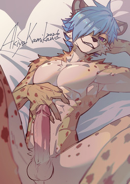 anthro balls bed black_nose blue_hair erection fur furniture genitals grin grinning_at_viewer hair humanoid_genitalia humanoid_penis kemono looking_at_viewer male markings nude nude_anthro nude_male on_bed penis purple_eyes slim slim_anthro slim_male smile smiling_at_viewer solo spots spotted_body spotted_fur spread_legs spreading touching_self akiya_kamikawa cheetah felid feline mammal