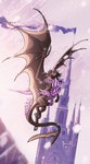 ambiguous_gender bared_teeth brown_body brown_wings castle empty_eyes feral membrane_(anatomy) membranous_wings outside purple_body solo text wings yellow_eyes kardinaluz mythology dragon mythological_creature mythological_scalie scalie artist_name hi_res