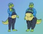 anthro belly belly_peeking_out big_belly clothed clothing hair male overweight overweight_male scales simple_background tail thick_thighs topwear weight_gain home_made crooks_(linkmaster647) crocodile crocodilian reptile scalie