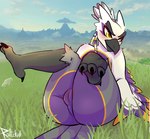 anthro ass_up avian_feet backsack balls beak butt butt_focus claws detailed_background exhibitionism feathers genitals grass legs_up looking_aside looking_away male nude plant presenting presenting_hindquarters purple_body purple_feathers raised_leg solo spread_butt spread_legs spreading tail tail_feathers volcano white_body white_feathers winged_arms wings yellow_eyes rattzkull breath_of_the_wild nintendo the_legend_of_zelda fan_character avian bird hybrid rito absurd_res hi_res signature