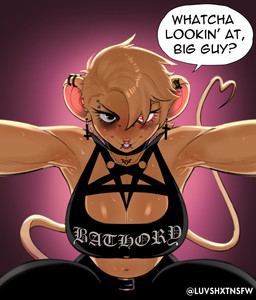 alternative_fashion anthro barbell_piercing big_breasts bodily_fluids breasts buckteeth choker cleavage clothed clothing dialogue ear_piercing ear_ring eyelashes eyeliner facial_piercing female first_person_view fur goth hair heterochromia huge_breasts jewelry lip_piercing long_eyelashes looking_at_viewer makeup midriff navel navel_piercing necklace pentagram_top piercing ring_piercing short_hair sidecut solo sweat sweaty_armpit sweaty_breasts tan_body tan_fur tear_trough teeth text luvshxt bathory mammal mouse murid murine rodent absurd_res english_text hi_res