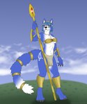 4_toes anthro blue_body blue_fur blue_hair bottomwear breasts clothing digitigrade feet female fingers fur grass hair holding_object holding_staff loincloth outside plant sky smile solo staff standing tail toes rahir nintendo star_fox krystal_(star_fox) canid canine fox hybrid mammal 5:6 digital_media_(artwork) hi_res