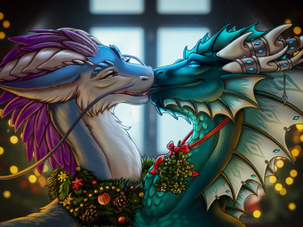 ambiguous_gender big_horn blue_body blue_fur dorsal_frill duo feathers feral fluffy french_kissing frill_(anatomy) fur garland glowing glowing_eyes head_crest head_frill holidays horn jewelry kissing membrane_(anatomy) membranous_frill mistletoe ornament plant regal teal_body teal_scales tongue tongue_out wreath dead.akira christmas mythology dragon mythological_creature mythological_scalie scalie sea_wyvern