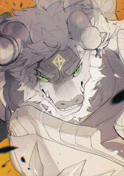 2_horns accessory anthro armor beard black_clothing black_topwear blood blood_on_face bodily_fluids clothed clothed_anthro clothed_male clothing cross cross_ear_piercing cross_piercing cut_horn exposed_teeth eyebrows facial_hair facial_markings forehead_markings fur green_eyes hair hair_accessory hair_tie head_horn head_markings high-angle_view horn horn_jewelry horn_ring jewelry male markings mouth_closed orange_background overbite piercing pupils ring_(jewelry) simple_background solo teeth tied_hair topwear underbite white_beard white_body white_eyebrows white_facial_hair white_fur white_hair white_sclera wounded yellow_markings chiayeeee lightidal bovid bovine cattle mammal 2024 bust_portrait chromatic_aberration digital_drawing_(artwork) digital_media_(artwork) portrait