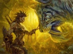 backlighting claws duo eyes_closed female feral holding_object holding_weapon light macro quiver_(object) scar side_view size_difference stripes tattoo tusks warrior weapon whiskers matt_stewart hasbro magic:_the_gathering wizards_of_the_coast felid human mammal lighting official_art