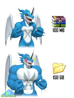 big_muscles big_pecs black_body black_skin blue_body blue_skin blush growth male muscle_growth muscular muscular_male pecs simple_background smile solo surprised tail white_background white_body white_skin wings yellow_body yellow_skin albalbalb bandai_namco decompressed_file_meme digimon microsoft microsoft_windows windows_xp winrar digimon_(species) exveemon 2026 3:4 3d_(artwork) digital_media_(artwork) hi_res watermark