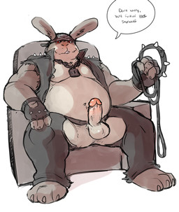 anthro balls belly big_belly chain chain_jewelry chain_necklace chair chaps clothing collar corruption dialogue dominant erection fingerless_gloves furniture genitals gloves handwear humanoid_genitalia humanoid_penis jacket jewelry kerchief leash leather leather_clothing leather_daddy leather_jacket leather_topwear male moobs musclegut muscular muscular_anthro muscular_dom muscular_male necklace overweight penis red_eyes sitting sleeveless_clothing solo spiked_collar spikes talking_to_viewer text topwear hyenaface nintendo star_fox peppy_hare hare lagomorph leporid mammal english_text hi_res