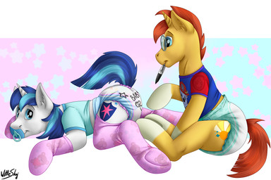 ageplay clothing diaper diaper_fetish drawing_(action) duo eyewear feral footwear glasses horn infantilism lying male marker_in_mouth object_in_mouth on_front pacifier pacifier_in_mouth roleplay shirt sitting smile socks t-shirt topwear wittleskaj friendship_is_magic hasbro my_little_pony mythology paw_patrol shining_armor_(mlp) sunburst_(mlp) equid equine horse mammal mythological_creature mythological_equine pony unicorn hi_res