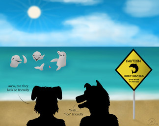 ambiguous_gender animal_genitalia animal_penis anthro beach blue_sky cloud dialogue feral fin genitals gesture group humor light male penis penis_tip sand sea shadow sign silhouette silhouetted_body sky sunlight warning_sign water waving maklykan aquatic canid canine cetacean dolphin mammal toothed_whale hi_res
