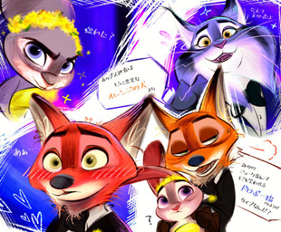 anthro black_tie_(suit) bow_tie brown_body brown_fur clothed clothing cross-popping_vein dress ears_as_hair female fur green_eyes grey_body grey_fur group hair_bun_ears long_ears male multicolored_body multicolored_fur narrowed_eyes open_mouth purple_eyes shirt suit tan_body tan_fur teeth text topwear trio yellow_eyes nibkman0304 disney zootopia judy_hopps nick_wilde pawbert_lynxley canada_lynx canid canine european_rabbit felid feline fox lagomorph leporid lynx mammal oryctolagus rabbit red_fox true_fox hi_res japanese_text translation_request