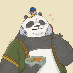 anthro black_body black_fur blush blush_lines chopsticks clothed clothing duo eyes_closed feathers food fur green_clothing green_topwear green_vest hat headgear headwear heart_symbol hug looking_at_another male male/male multicolored_body multicolored_fur noodles overweight overweight_anthro overweight_male red_clothing red_robe robe size_difference topwear two_tone_body two_tone_fur vest white_body white_feathers white_fur zzommie dreamworks kung_fu_panda li_shan_(kung_fu_panda) mr._ping anatid anseriform anserine avian bear bird giant_panda goose mammal 1:1 2024 digital_media_(artwork) hi_res