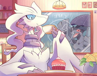 ambiguous_gender blue_eyes blush claws container cup cupcake duo eyes_closed feral flower food furniture gesture grey_body grey_claws happy holding_container holding_cup holding_object holding_umbrella inside open_mouth open_smile plant plant_pot raining sharp_teeth smile table teeth umbrella waving white_body yellow_flower komanyachi nintendo pokemon generation_5_pokemon legendary_pokemon pokemon_(species) reshiram zekrom colored digital_drawing_(artwork) digital_media_(artwork) hi_res shaded