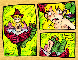 attack bathing blonde_hair blush blush_stickers breasts butt death duo female female_prey flower green_body hair hard_vore human_prey micro not_furry nude plant size_difference smaller_human vore water wet what abraxa the_littl'_bits the_little_bits belfy lillibit arthropod caterpillar human insect larva mammal monster 2003 marker_(artwork) traditional_media_(artwork)