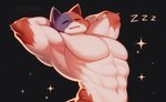 abs anthro barazoku biceps big_muscles black_background blue_body blue_fur eyes_closed fur hands_behind_head looking_at_viewer male muscular muscular_anthro muscular_male navel nude open_mouth orange_body orange_fur pecs pecs_focus raised_arms simple_background sleeping solo sound_effects sparkles star stretching tail text tired vowelless vowelless_sound_effect white_body white_fur zzz chiodeiford epic_games fortnite meowscles calico_cat domestic_cat felid feline felis mammal 2025 colored english_description half-length_portrait hi_res portrait shaded signature