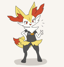 ambiguous_anthro ambiguous_gender anthro biped blush blush_lines clothed clothed_anthro clothing digitigrade dipstick_tail emanata featureless_crotch front_view gesture hand_gesture hand_on_hip logo_parody markings open_:3 open_mouth open_smile shirt simple_background smile solo standing tail tail_markings text text_on_clothing text_on_shirt text_on_topwear topwear v_sign hurai_of_kaki nintendo pokemon pornhub braixen canid generation_6_pokemon mammal pokemon_(species) 2023 digital_drawing_(artwork) digital_media_(artwork) english_text full-length_portrait japanese_description portrait translated_description