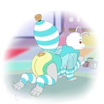 antennae_(anatomy) anthro arm_tuft blue_body bodily_fluids claws clothed clothing crawling diaper feet frown genital_fluids leg_tuft looking_back male neck_tuft red_eyes simple_background solo stripes talons toes toy_block tuft unclean_diaper urine used_diaper wearing_diaper wet_diaper white_body wings young fennecat arthropod bee hymenopteran insect 1:1 absurd_res hi_res watermark