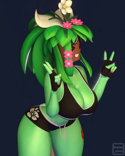 big_butt black_bottomwear black_clothing black_gloves black_handwear black_shorts black_topwear blush blush_stickers bottomwear breasts butt choker cleavage clothed clothing colored_nails eyelashes eyewear eyewear_on_head female fingerless_gloves for_a_head gesture gloves goggles goggles_on_head green_hair green_nails hair hand_gesture handwear jewelry leaf leaf_hair leg_tattoo nails navel necklace one_eye_closed pink_nails plant plant_hair pseudo_hair shorts smile solo tail tattoo thick_thighs thigh_tattoo topwear v_sign wide_hips wink katsu_sn blaster_master kanna_(blaster_master) elemental_creature elemental_humanoid flora_fauna humanoid object_head plant_humanoid tailed_humanoid 3d_(artwork) 3d_animation 4:5 animated digital_media_(artwork) short_playtime webm