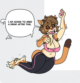 after_exercise anthro belly big_breasts big_butt bottomwear breasts brown_hair butt clothing cross cross_necklace dialogue eyes_closed eyeshadow fangs female fur hair jewelry makeup markings mature_female midriff mole_(marking) mole_on_breast necklace pants pink_nose short_hair slightly_chubby slightly_chubby_anthro slightly_chubby_female solo speech_bubble tan_body tan_fur teeth thick_thighs yoga_pants freakwithatag cougar felid feline mammal hi_res