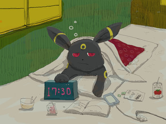 ambiguous_gender bedding beverage black_body black_ears black_fur black_nose black_tail blanket book cellphone clock container detailed_background electronics feet feral food fur grass lying markings multicolored_body on_front outside phone pillow plant quadruped red_eyes sleeping solo tail text toes two_tone_body yellow_markings geboku nintendo pokemon eeveelution generation_2_pokemon mammal pokemon_(species) umbreon 2020 detailed digital_media_(artwork) hi_res japanese_text