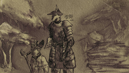 anthro armor clothing detailed_background duo eye_contact female flower hat headgear headwear helmet lake larger_female looking_at_another looking_down looking_down_at_partner looking_up_at_partner magic_user male male/female medieval_armor plant pond robe rose_(flower) size_difference smaller_male staff tree kirou kirou_(kirou) sharell_(sharellmommy) canid canine canis domestic_dog mammal wolf 16:9 4k absurd_res hi_res monochrome watermark widescreen
