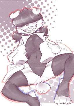 anthro armor barefoot biped braces breasts clothed clothing coat feet female fur hair hair_over_eyes high-angle_view leotard looking_at_viewer lying navel navel_outline on_back sharp_teeth short_ears short_tail simple_background small_breasts solo spread_legs spreading tail teeth topwear c3ilin kurla_(c3ilin) canid canine canis domestic_dog mammal hi_res