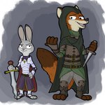 anthro armor cape cloak clothing dagger duo female grey_background knife male melee_weapon simple_background sword weapon anothercolouranon disney zootopia judy_hopps nick_wilde canid canine fox lagomorph leporid mammal rabbit red_fox true_fox 1:1 hi_res