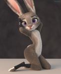 2017 3d_(artwork) adamb/t2oa anthro barefoot belly biped breasts digital_media_(artwork) disney eyebrows eyelashes featureless_breasts feet female flat_chested fur grey_background grey_body grey_fur hand_behind_head hi_res judy_hopps kneeling lagomorph leporid looking_at_viewer mammal mostly_nude multicolored_body multicolored_fur nude paws pink_nose pinup pose purple_eyes rabbit seductive short short_female simple_background slim smile solo white_belly white_body white_fur wide_hips zootopia