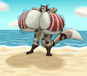 anthro beach big_breasts bikini breasts brown_body brown_fur clothing dipstick_limbs dipstick_tail eyewear female frilly frilly_bikini frilly_clothing frilly_swimwear fur glasses gloves_(marking) green_eyes grin grinning_at_viewer hair hands_behind_head huge_breasts hyper hyper_breasts leg_markings looking_at_viewer low-angle_view markings pattern_clothing red_hair sea sharp_teeth smile smiling_at_viewer socks_(marking) solo striped_clothing stripes swimwear tail tail_markings tan_body tan_fur teeth two-piece_swimsuit water panzerschreckleopard bridgette_o'shane lynxuki 2026 absurd_res colored hi_res