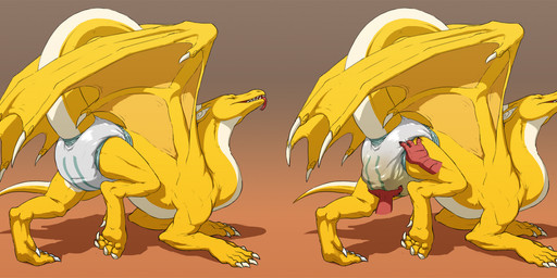 5_fingers 5_toes anthro big_wings butt claws clean_diaper clothed clothing diaper diaper_only duo feces feet fingers gradient_background long_tail male membrane_(anatomy) membranous_wings open_mouth presenting presenting_hindquarters quadruped red_body sagging_diaper sharp_teeth simple_background soiled_diaper soiling solo solo_focus spikes spikes_(anatomy) tail teeth toe_claws toes tongue tongue_out topless unclean_diaper used_diaper wearing_diaper wing_spikes wings yellow_body crackajackin mythology kicks_(kicks) dragon mythological_creature mythological_scalie scalie 2013 digital_media_(artwork) hi_res multiple_images sequence