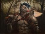 abs anthro axe battle_axe clothed clothing forest fur hair male melee_weapon muscular muscular_male navel plant solo text topless tree weapon satynapaper victory_(texdot) felid mammal pantherine snow_leopard english_text oil_painting_(artwork) painting_(artwork) signature traditional_media_(artwork)