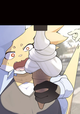 ambiguous_anthro ambiguous_gender anthro big_breasts black_clothing black_shirt black_topwear blurred_background breasts cleavage clothed clothing dessert disembodied_hand duo emanata erect_tail eyelashes female female_anthro female_focus food front_view fully_clothed fur gesture hand_gesture huge_breasts humanoid_hands ice_cream ice_cream_cone inner_ear_fluff jacket kemono monotone_tail multicolored_body multicolored_fur open_clothing open_jacket open_mouth open_topwear photo_background pink_nose pointing pointing_at_another pupils red_eyes sharp_teeth shirt solo_focus standing tail teeth topwear tuft white_body white_clothing white_fur white_jacket white_pupils white_topwear yellow_body yellow_fur yellow_tail sorakamis nintendo pokemon canid canine delphox generation_6_pokemon generation_9_pokemon mammal meowscarada pokemon_(species) 2026 absurd_res colored digital_media_(artwork) hi_res mixed_media photography_(artwork) shaded