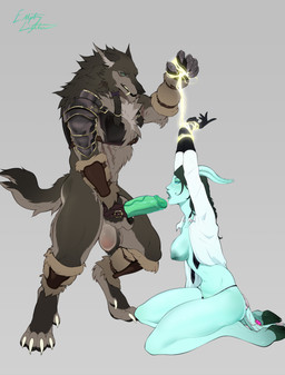 anthro armor balls black_hair blue_body blue_eyes blue_nipples bound braided_hair breasts brown_body brown_fur claws dominant dominant_male duo eyeshadow fantasy female fluffy fur genitals green_eyes green_penis grin hair jewelry leather leather_armor lips magic magic_bindings makeup male male/female mane nipples office_clothing oral paws penis plate_armor scar sex smile submissive submissive_female emptylighter blizzard_entertainment mythology warcraft canid canine draenei humanoid mammal mythological_canine mythological_creature werecanid werecanine werecreature werewolf worgen hi_res