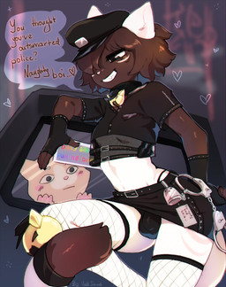 ambiguous_gender anthro bent_leg black_bottomwear black_clothing black_collar black_handwear black_panties black_skirt black_topwear black_underwear blurred_background bottomwear breasts brown_body brown_eyes brown_hair bulge clothing collar crop_top detailed_bulge duo femboy fingers fishnet_stockings gynomorph gynomorph_focus hair handwear hat headgear headwear heart_symbol intersex intersex_focus looking_at_another multicolored_body panties police police_uniform shirt short_hair skirt slim slim_gynomorph small_breasts solo_focus tail talking_to_another teeth text topwear two_tone_body underwear uniform white_body vallshad domestic_cat felid feline felis mammal colored digital_drawing_(artwork) digital_media_(artwork) english_text hi_res shaded